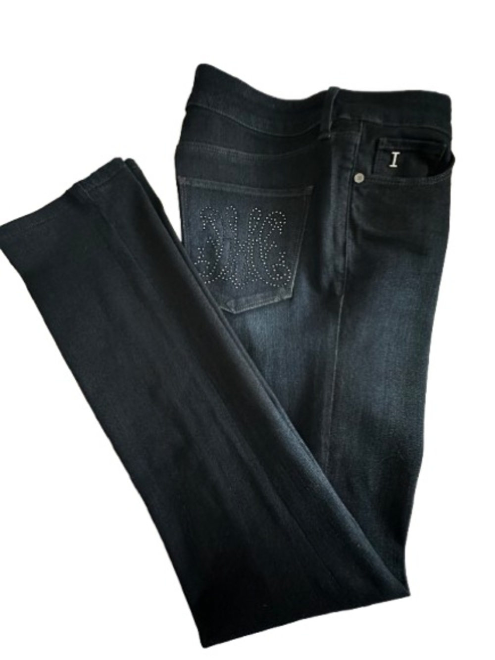 Isaac Mizrahi Women's 6 Tall Navy Blue Skinny Jeans with Embellished Back Pocket
